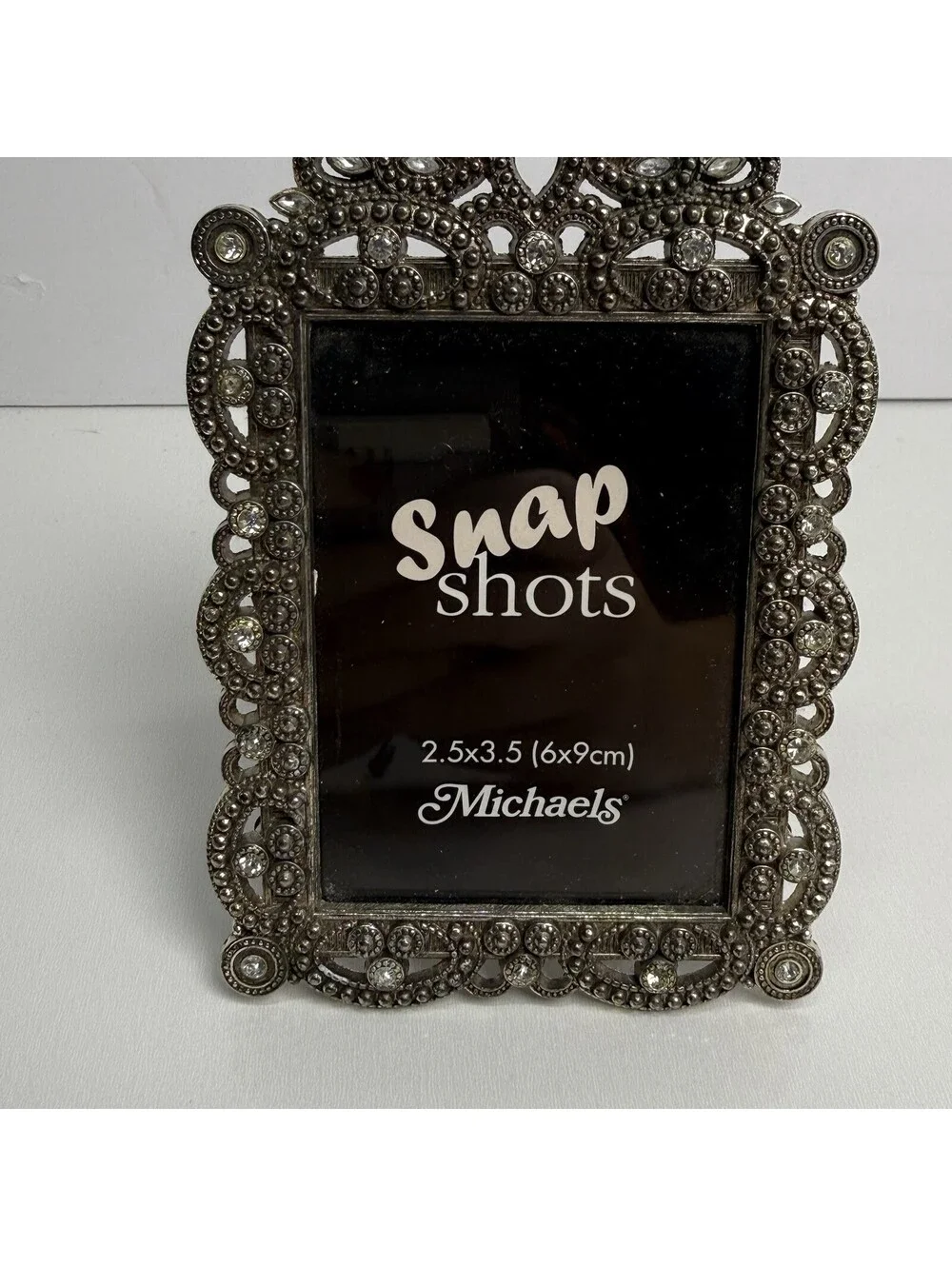 Vintage MICHAELS Silvertone Metal Rhinestone Photo Frame Holds 2.5X3.5